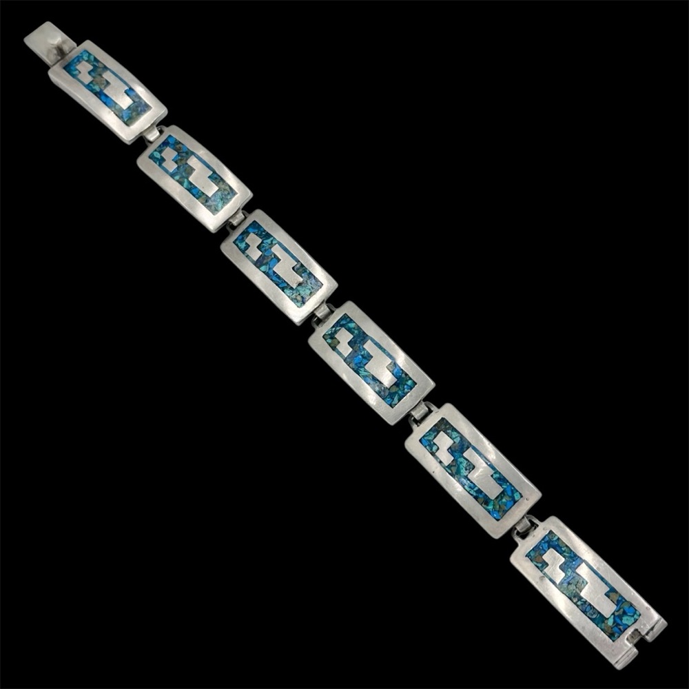 Taxco Vintage Mexico Sterling Silver 925 Crushed Turquoise Inlay Panel Bracelet